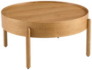 Runder Couchtisch aus Holz mit drei Beinen, seitliche Perspektive