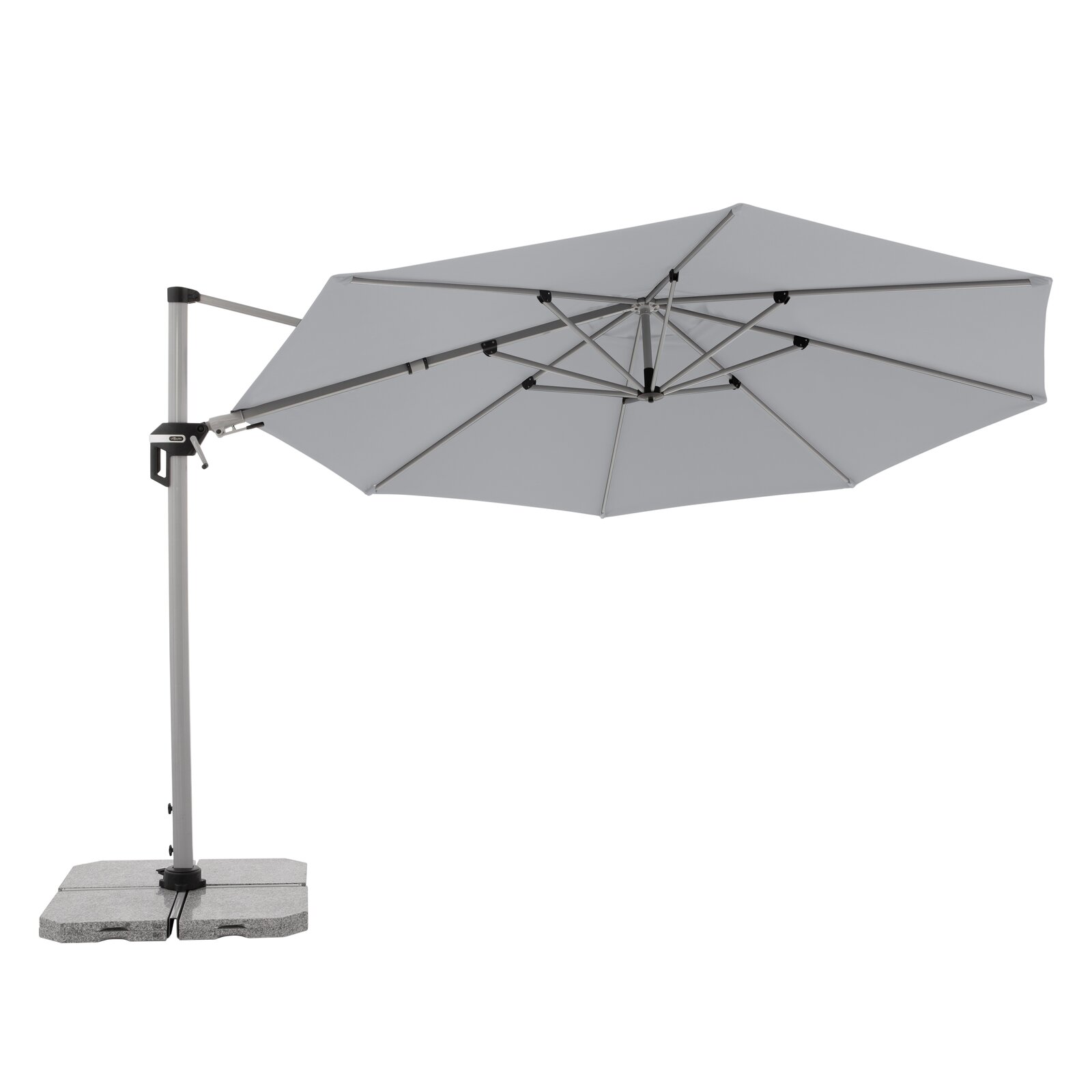 Grauer Pendelschirm mit seitlichem Ständer und Betonfuß, seitliche Perspektive