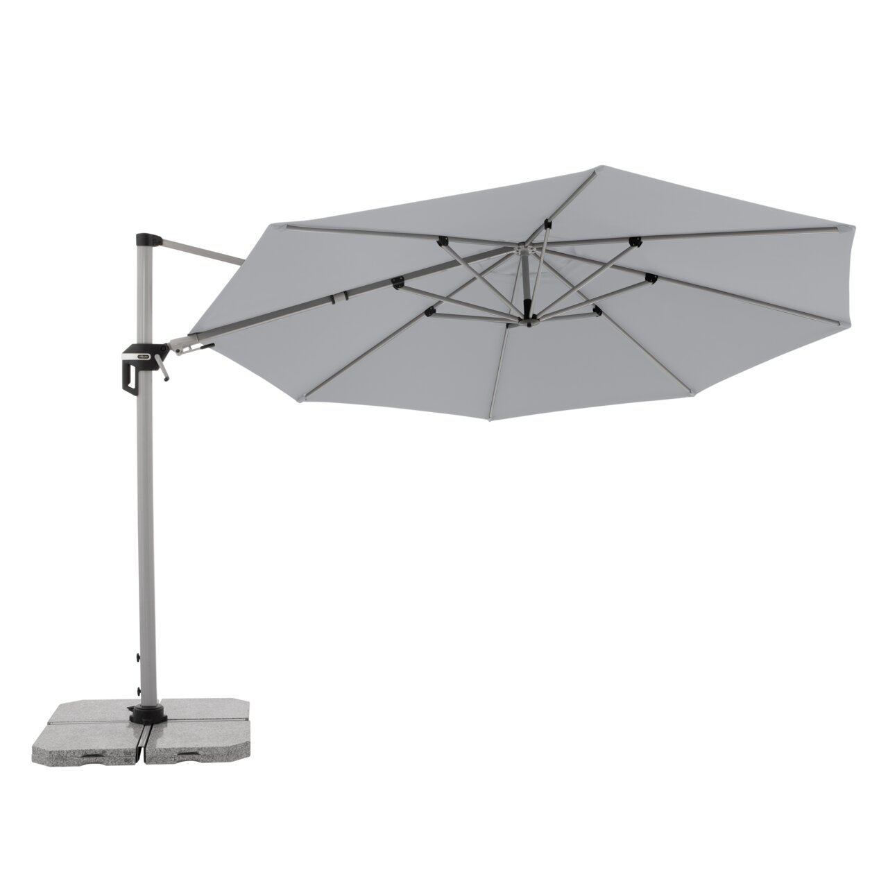 Grauer Pendelschirm mit seitlichem Ständer und Betonfuß, seitliche Perspektive