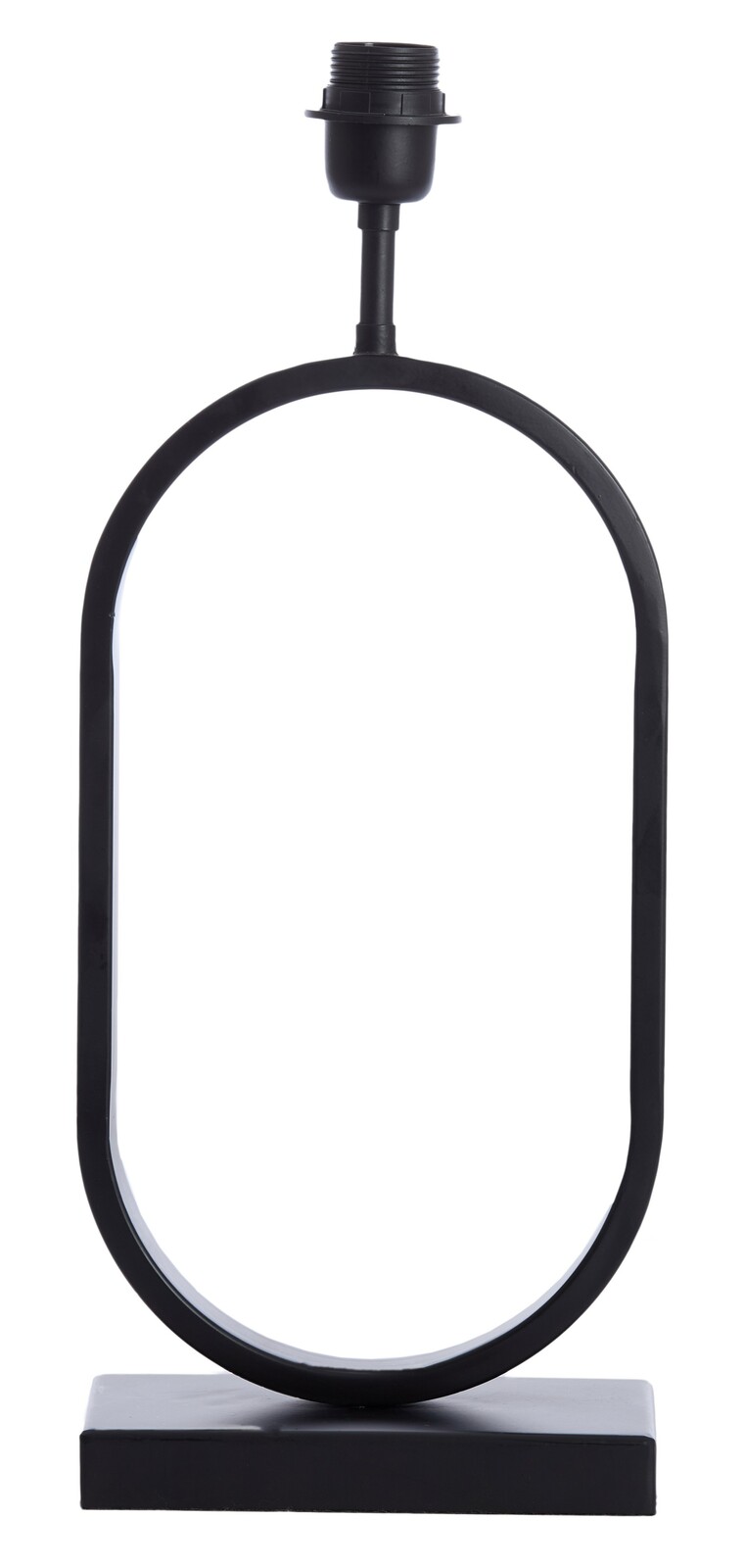 Schwarzer Lampenfuß in ovaler Form auf rechteckiger Basis, frontal betrachtet.