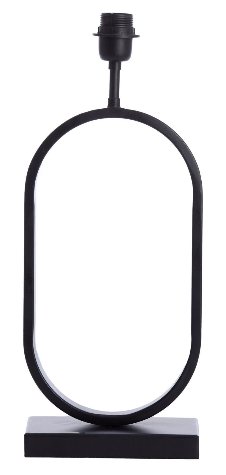 Schwarzer Lampenfuß in ovaler Form auf rechteckiger Basis, frontal betrachtet.