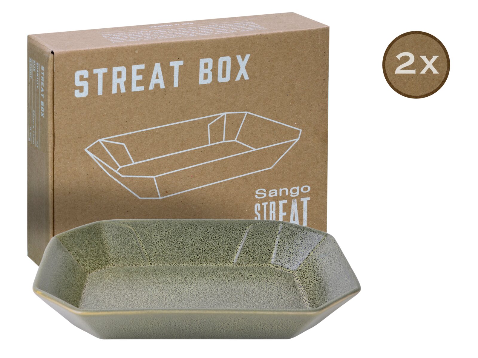 Creatable Box 2-tlg STREET FOOD Sango STREAT Box: rechteckige, grün gesprenkelte Servier-/Snackschale aus Keramik vor brauner Verpackung mit Aufdruck „STREAT BOX“, Ansicht schräg von vorn/leicht von oben; 2er-Set Hinweis (2x)