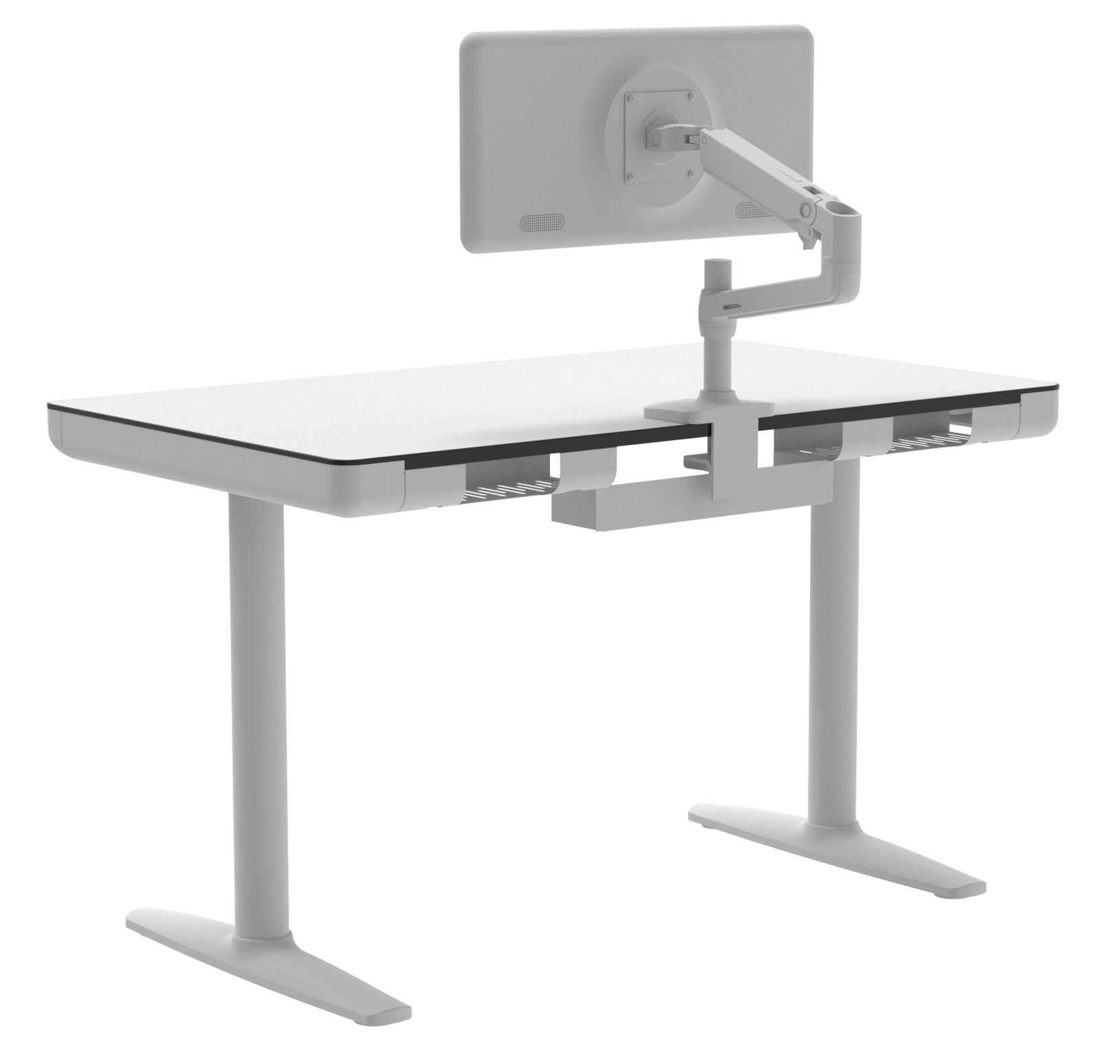 Moderner E-Schreibtisch mit Monitorhalterung, seitliche Perspektive