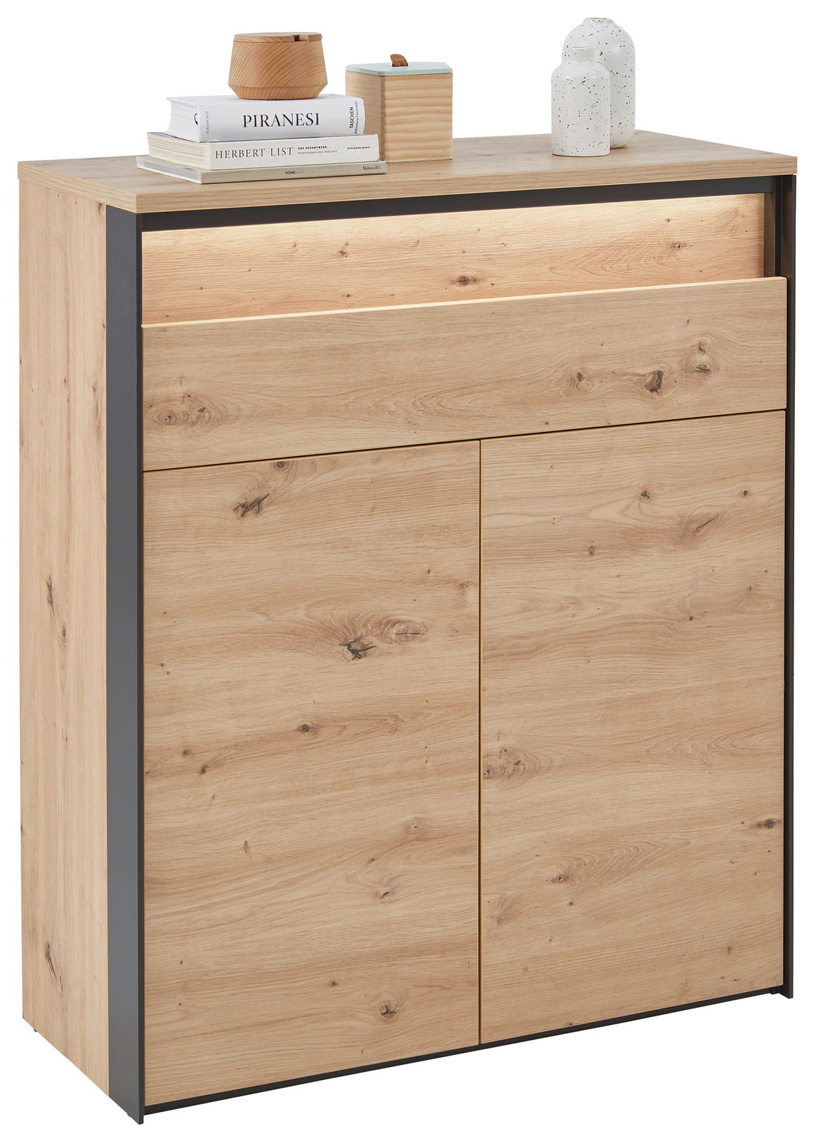 Moderner Schuhschrank aus Holz mit zwei Türen und einer Schublade, seitliche Perspektive