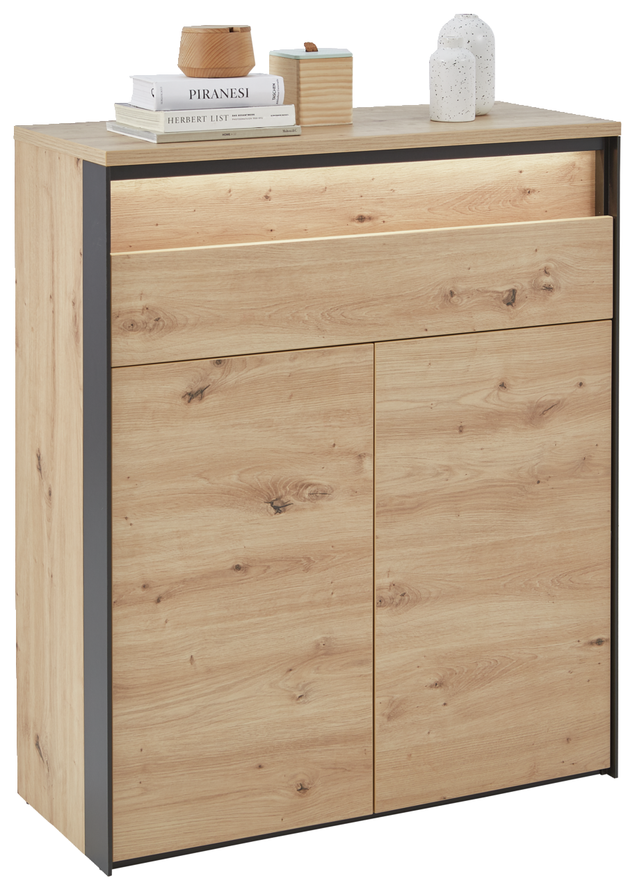 Moderner Schuhschrank aus Holz mit zwei Türen und einer Schublade, seitliche Perspektive