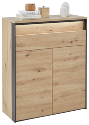 Moderner Schuhschrank aus Holz mit zwei Türen und einer Schublade, seitliche Perspektive