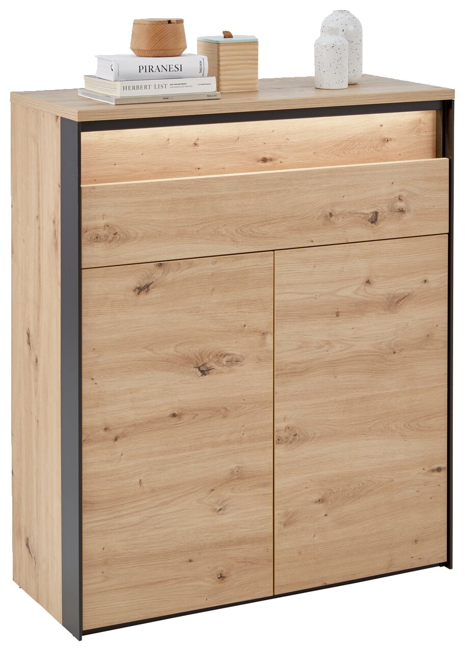 Voleo Schuhschrank Moderner Schuhschrank aus Holz mit zwei Türen und einer Schublade, seitliche Perspektive