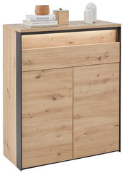 Moderner Schuhschrank aus Holz mit zwei Türen und einer Schublade, seitliche Perspektive