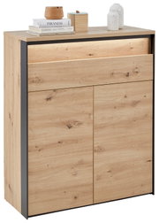 Moderner Schuhschrank aus Holz mit zwei Türen und einer Schublade, seitliche Perspektive