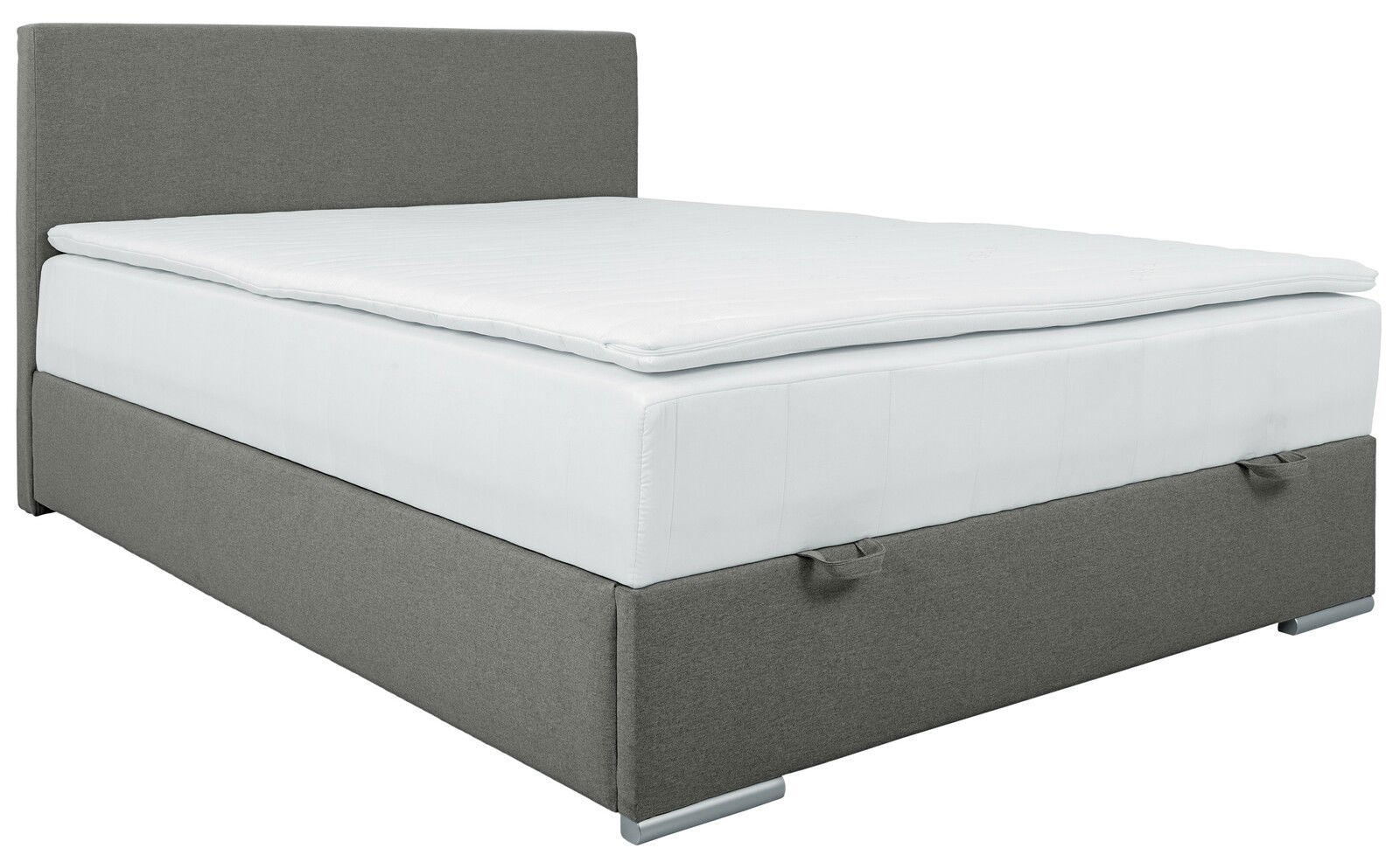 Graues Boxbett 140 mit weißer Matratze, seitliche Perspektive