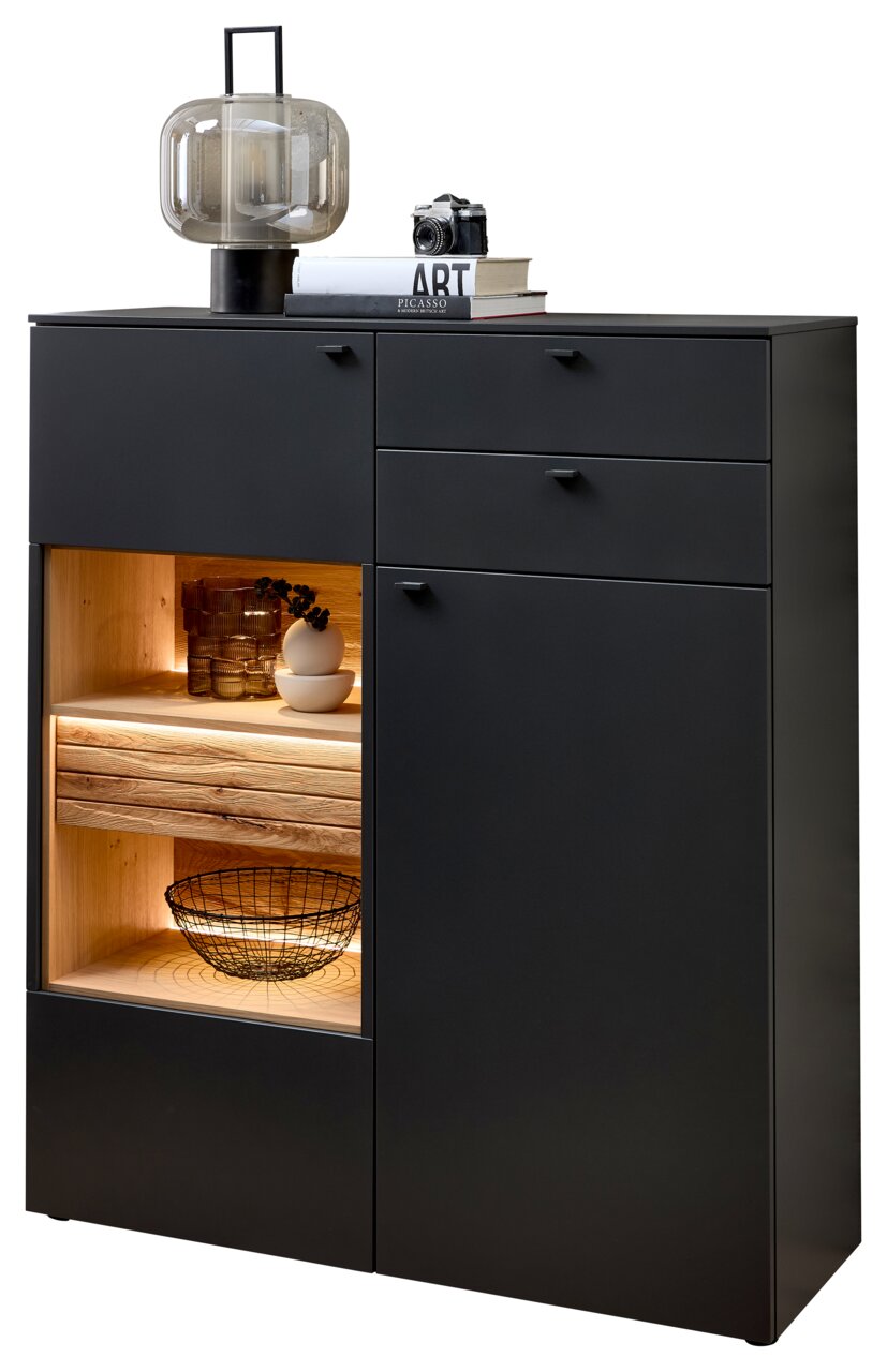 Venjakob Highboard LUMEA Modernes Highboard in dunklem Design mit Glaslampe und Dekorationen, seitliche Perspektive