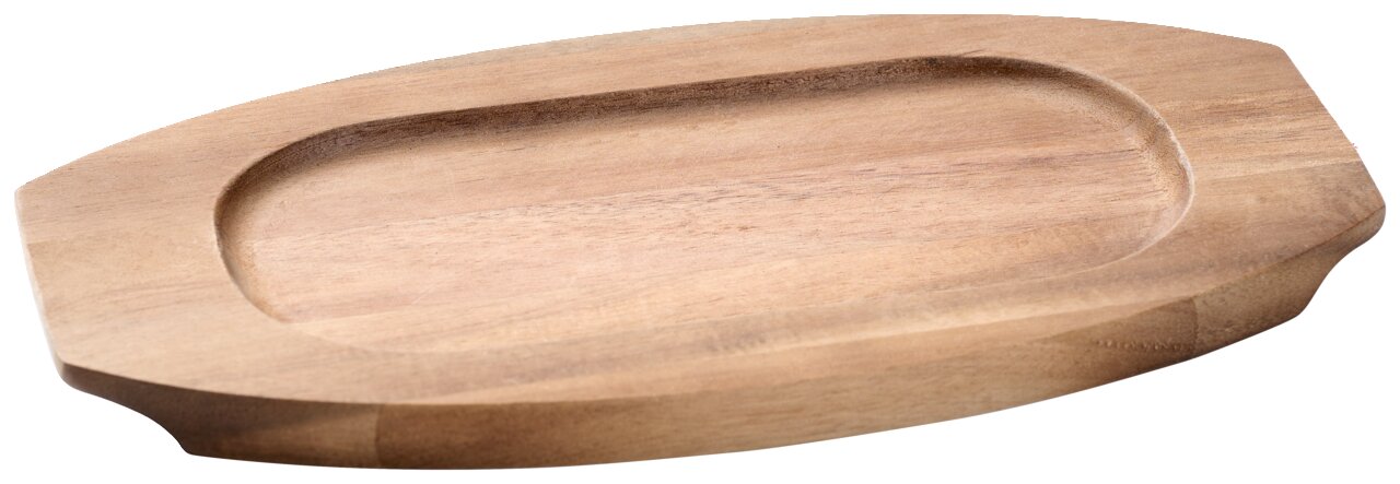 Houten plank in ovale vorm, gezien van bovenaf, met een verdieping in het midden.