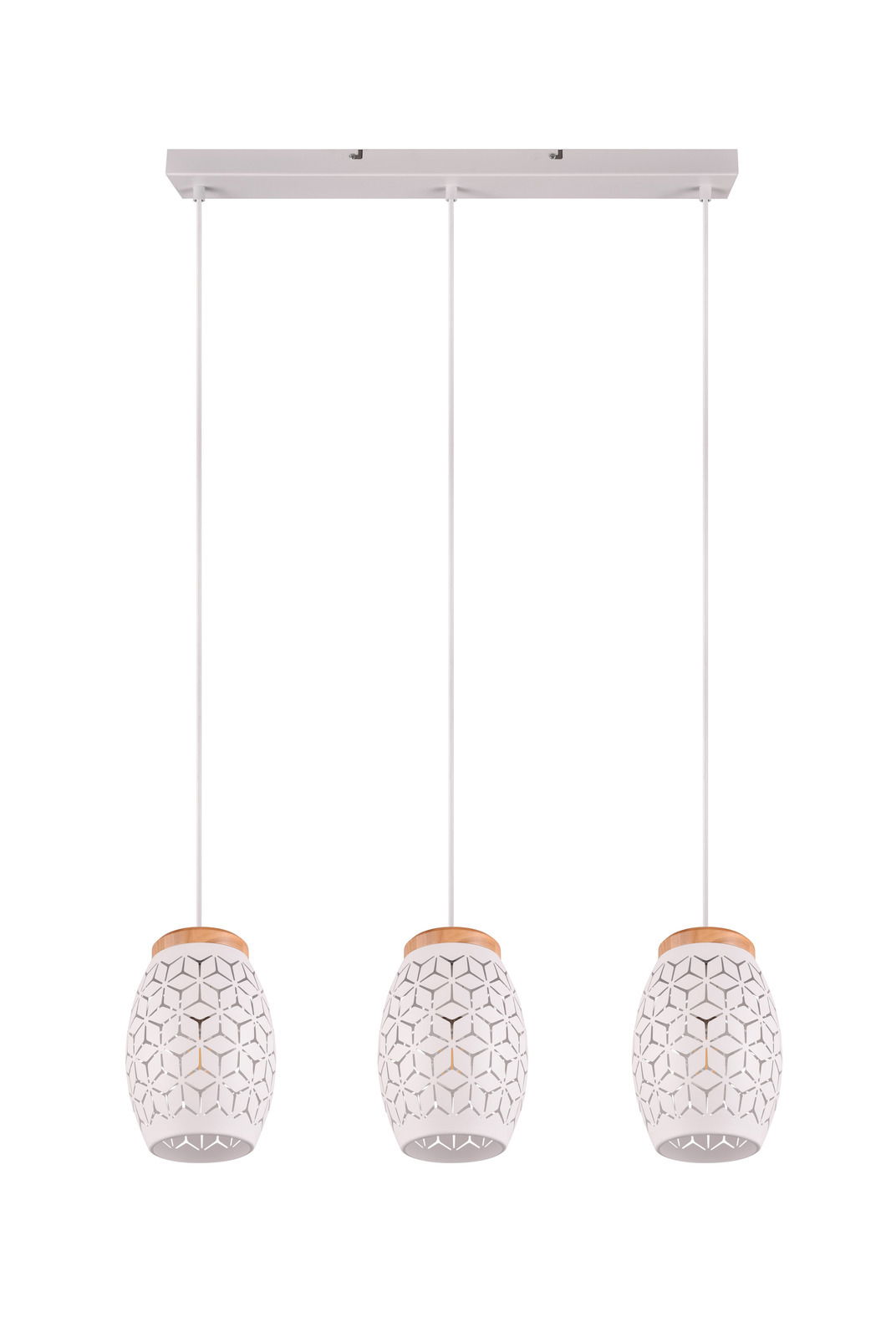 Dreiflammige Pendelleuchte mit geometrischem Muster, aus der Vorderansicht