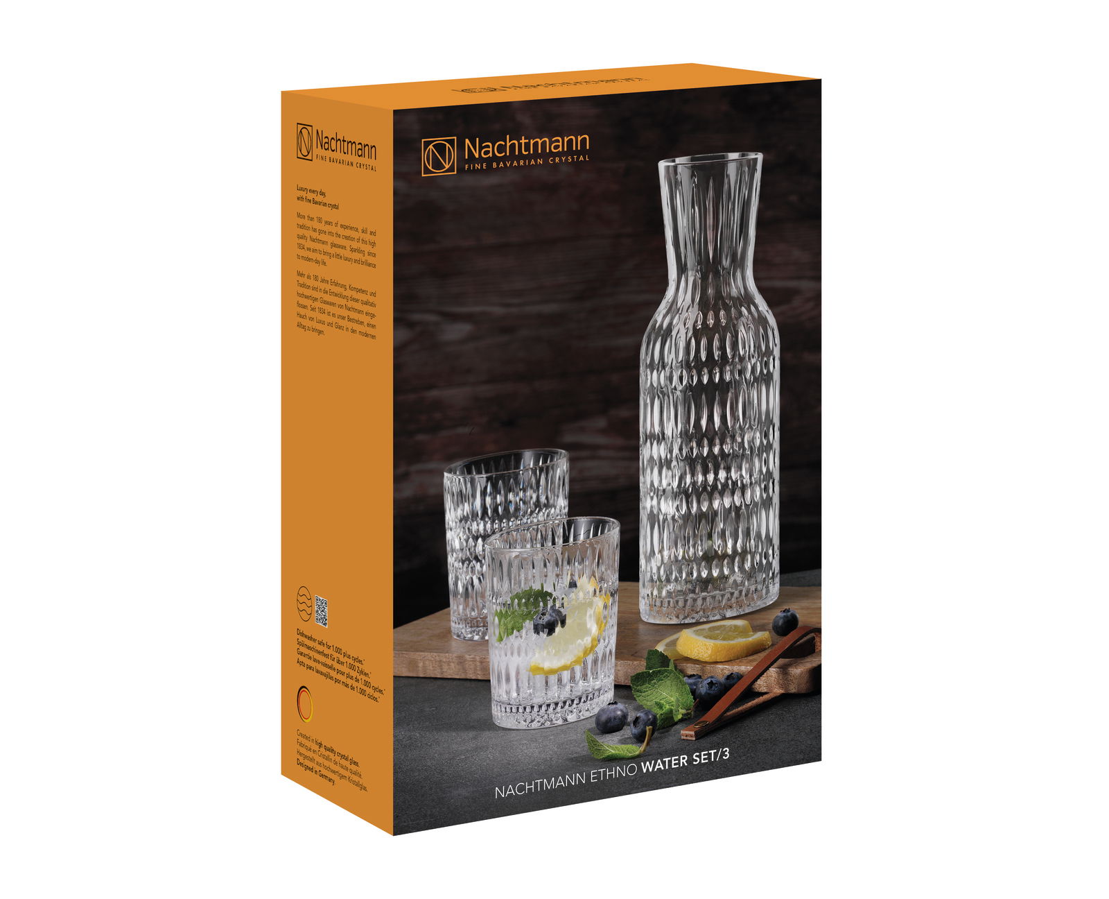 Verpackung des Nachtmann Ethno Wassersets mit einer Karaffe und zwei Gläsern, seitliche Perspektive