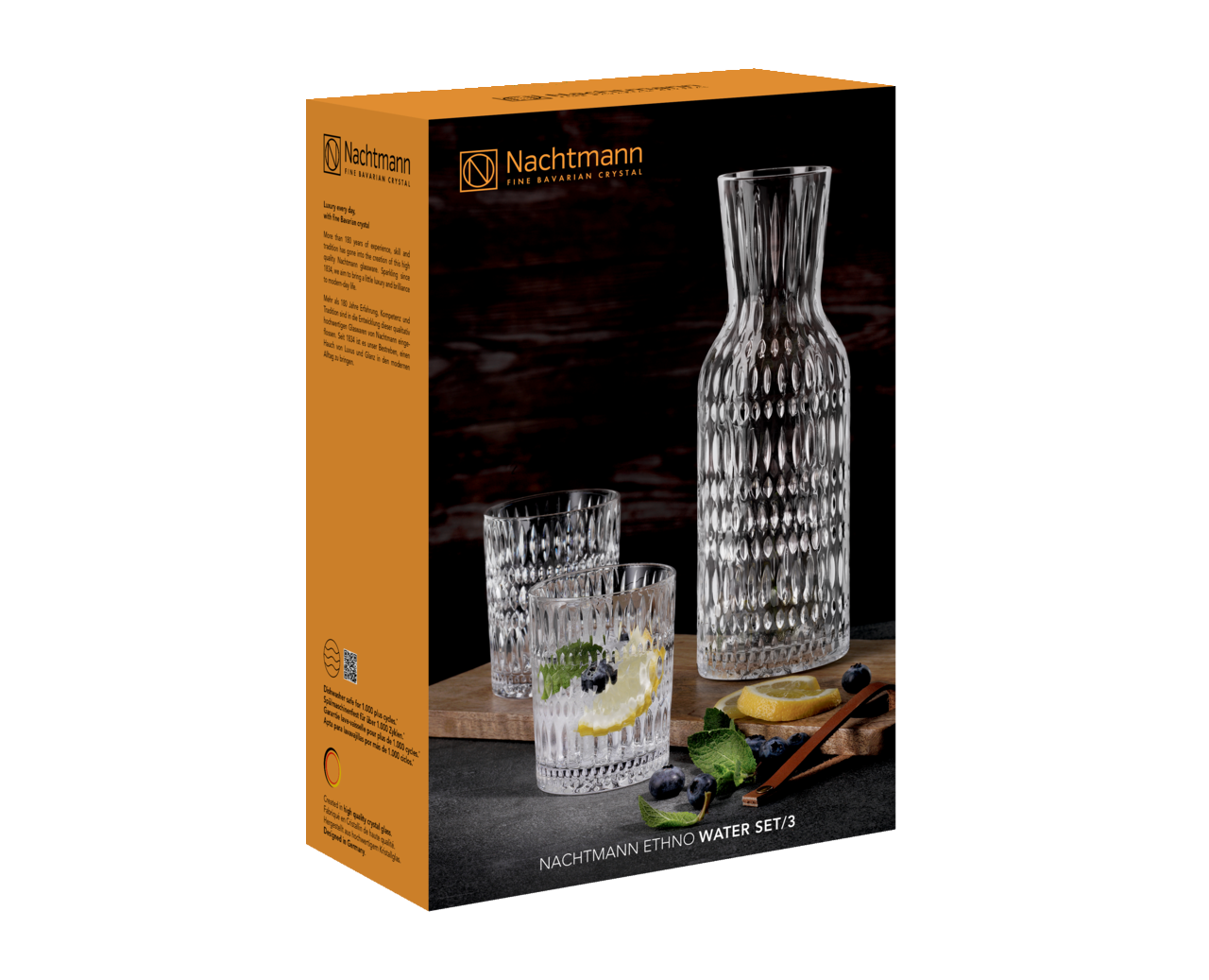 Verpackung des Nachtmann Ethno Wassersets mit einer Karaffe und zwei Gläsern, seitliche Perspektive