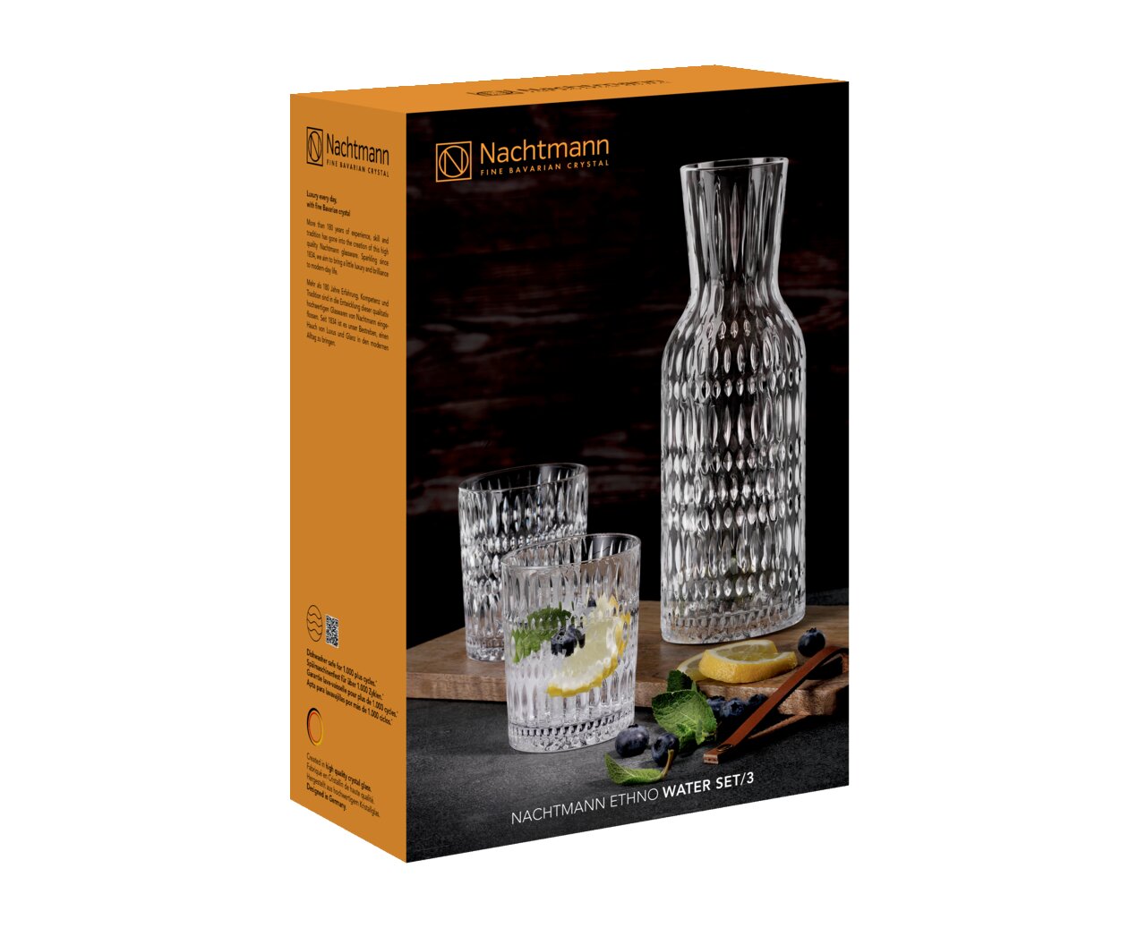 Verpackung des Nachtmann Ethno Wassersets mit einer Karaffe und zwei Gläsern, seitliche Perspektive
