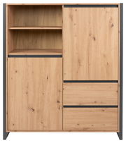 Frontansicht eines modernen Highboards aus hellem Holz mit offenen und geschlossenen Fächern.