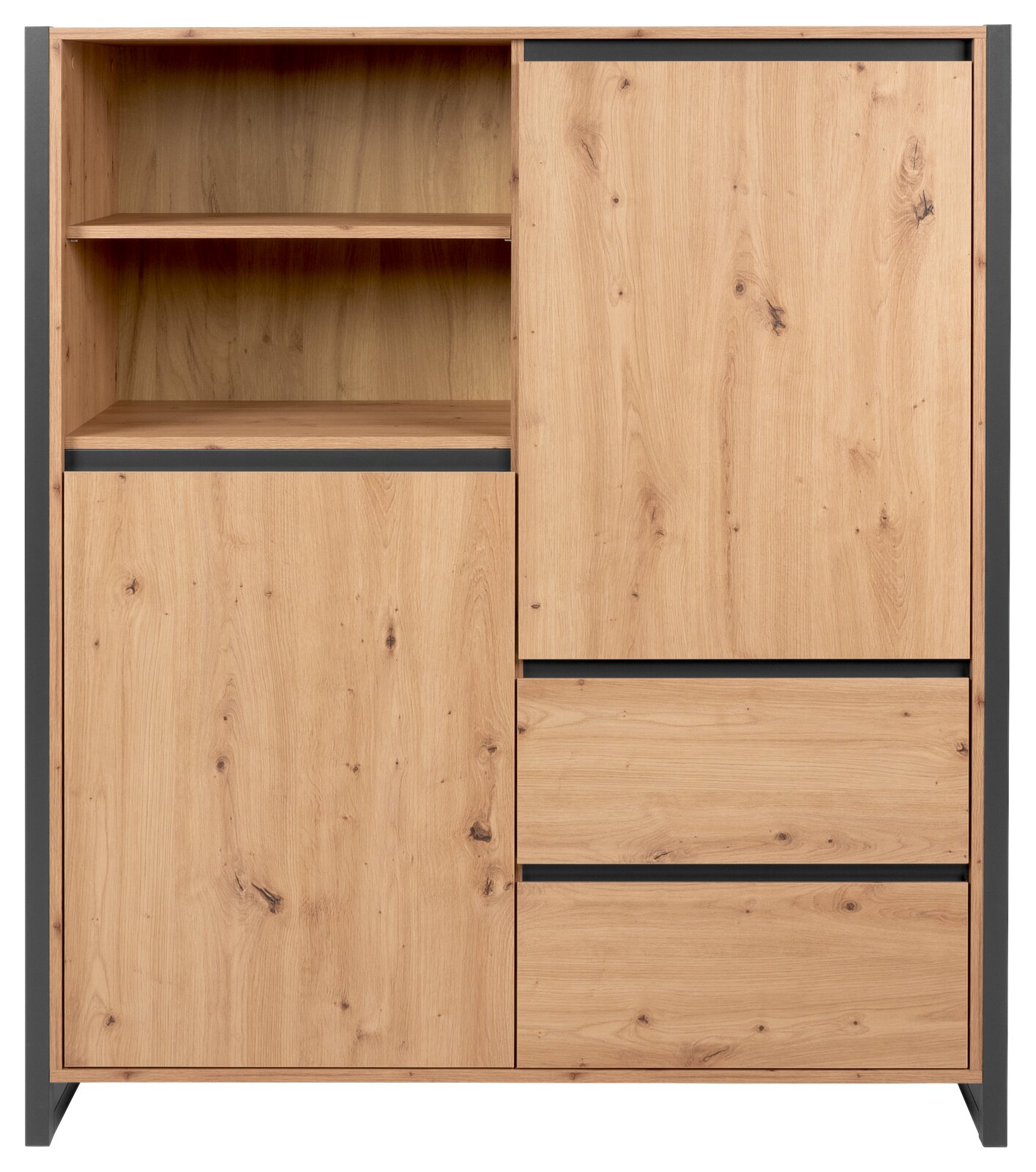 Z2 Highboard DENVER Frontansicht eines modernen Highboards aus hellem Holz mit offenen und geschlossenen Fächern.