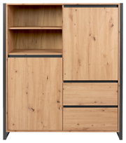 Frontansicht eines modernen Highboards aus hellem Holz mit offenen und geschlossenen Fächern.