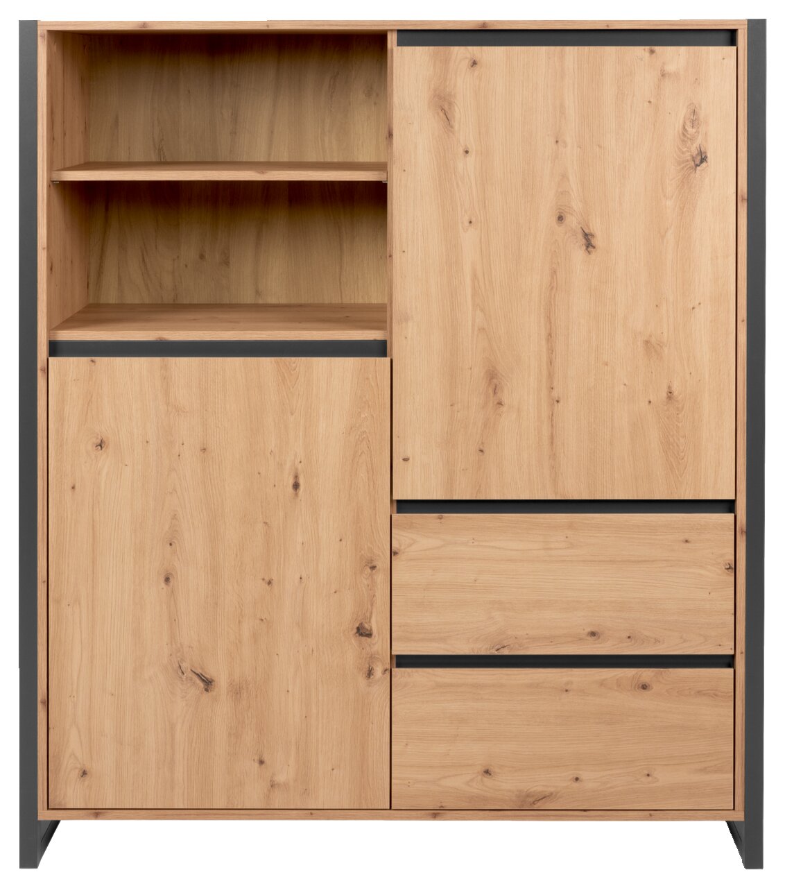 Z2 Hoog dressoir DENVER Vooraanzicht van een modern hoogkastje van licht hout met open en gesloten vakken.