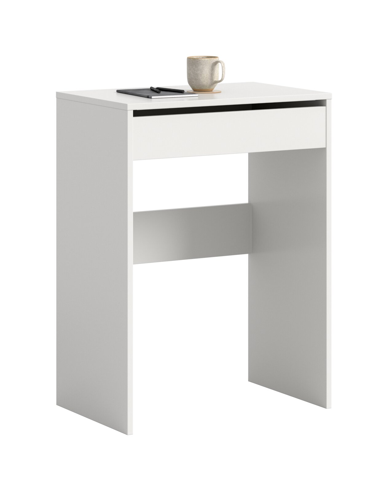 Weißer, minimalistischer Konsolentisch/Schminktisch mit Schublade und offener Ablage, auf der Platte Tasse und Notizbuch, freigestellt auf weißem Hintergrund, Perspektive: leicht von vorne rechts in leichter Aufsicht