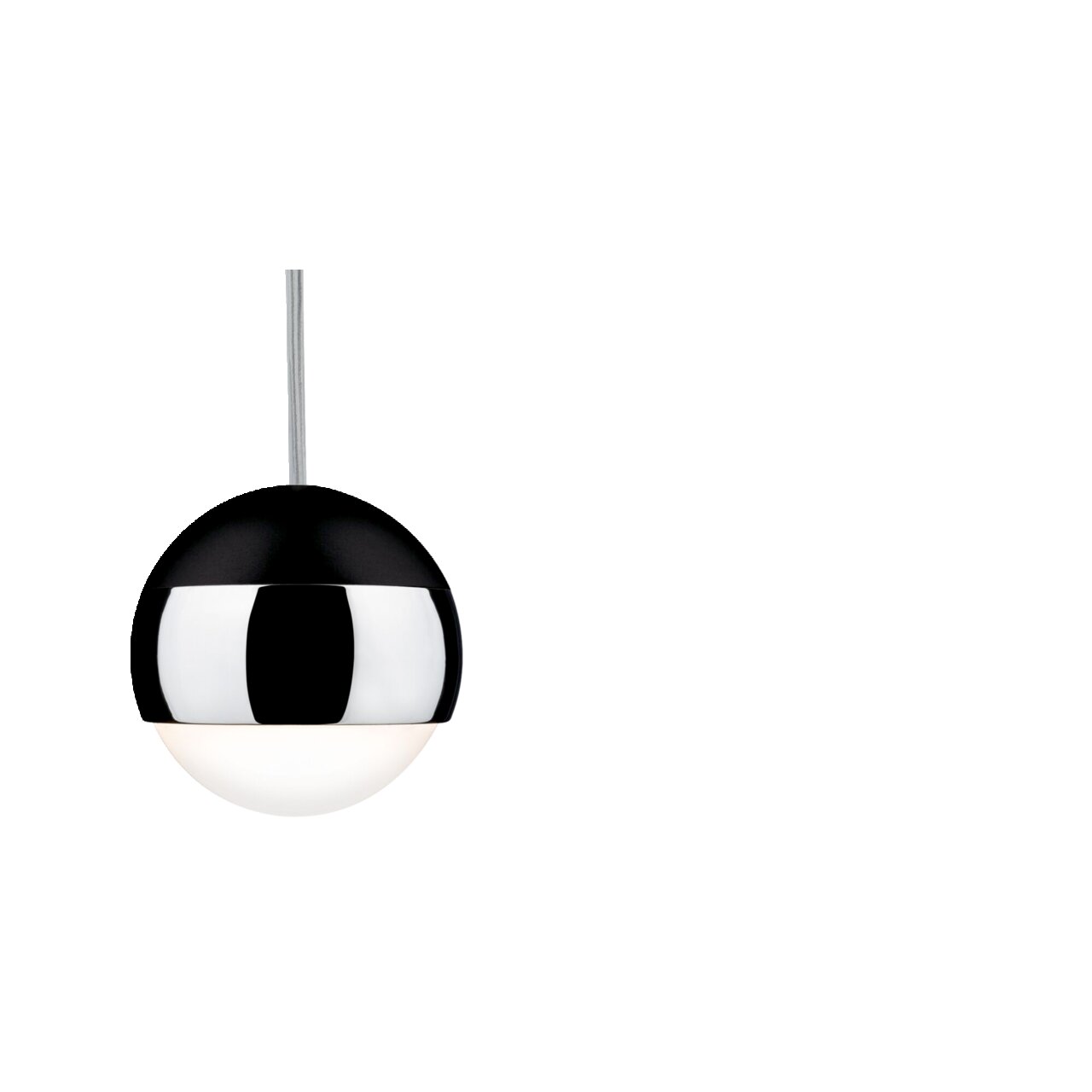 Moderne Schienenpendel-Leuchte in Kugelform, schwarz und silber, aus seitlicher Perspektive