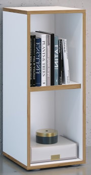 Modernes, offenes Regal mit hellem Holzrahmen und weißen Flächen, zwei Fächer; oben stehen Bücher, unten eine weiße Box und ein rundes Deko-Objekt mit goldfarbenem Deckel, dargestellt in leichter Schrägansicht von vorne.