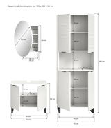 Badkombination bestehend aus einem runden Spiegel, einem hohen Schrank mit mehreren Fächern und einem Unterschrank mit Türen, in Frontalansicht.