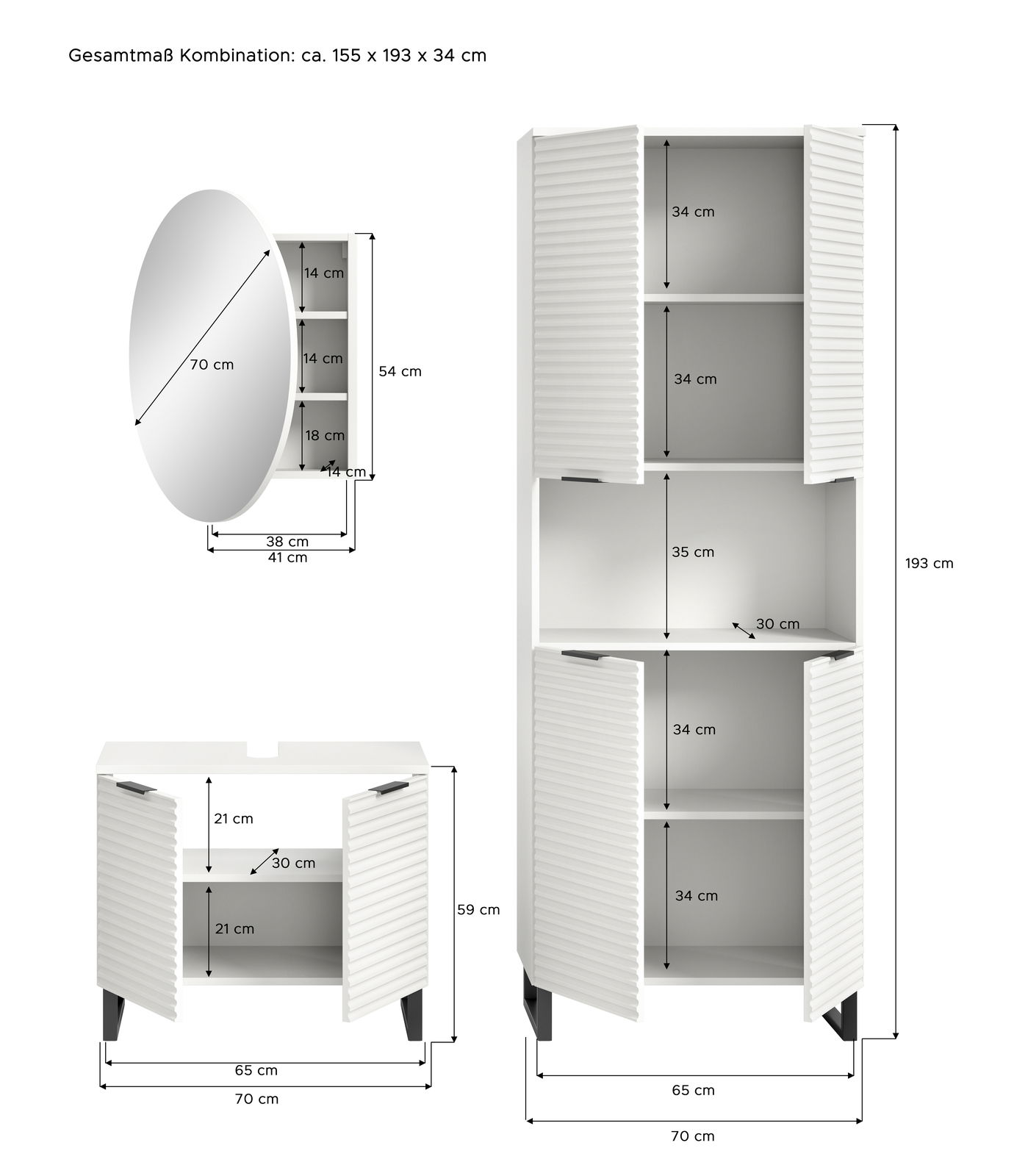 Badkombination bestehend aus einem runden Spiegel, einem hohen Schrank mit mehreren Fächern und einem Unterschrank mit Türen, in Frontalansicht.