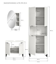Badkombination bestehend aus einem runden Spiegel, einem hohen Schrank mit mehreren Fächern und einem Unterschrank mit Türen, in Frontalansicht.