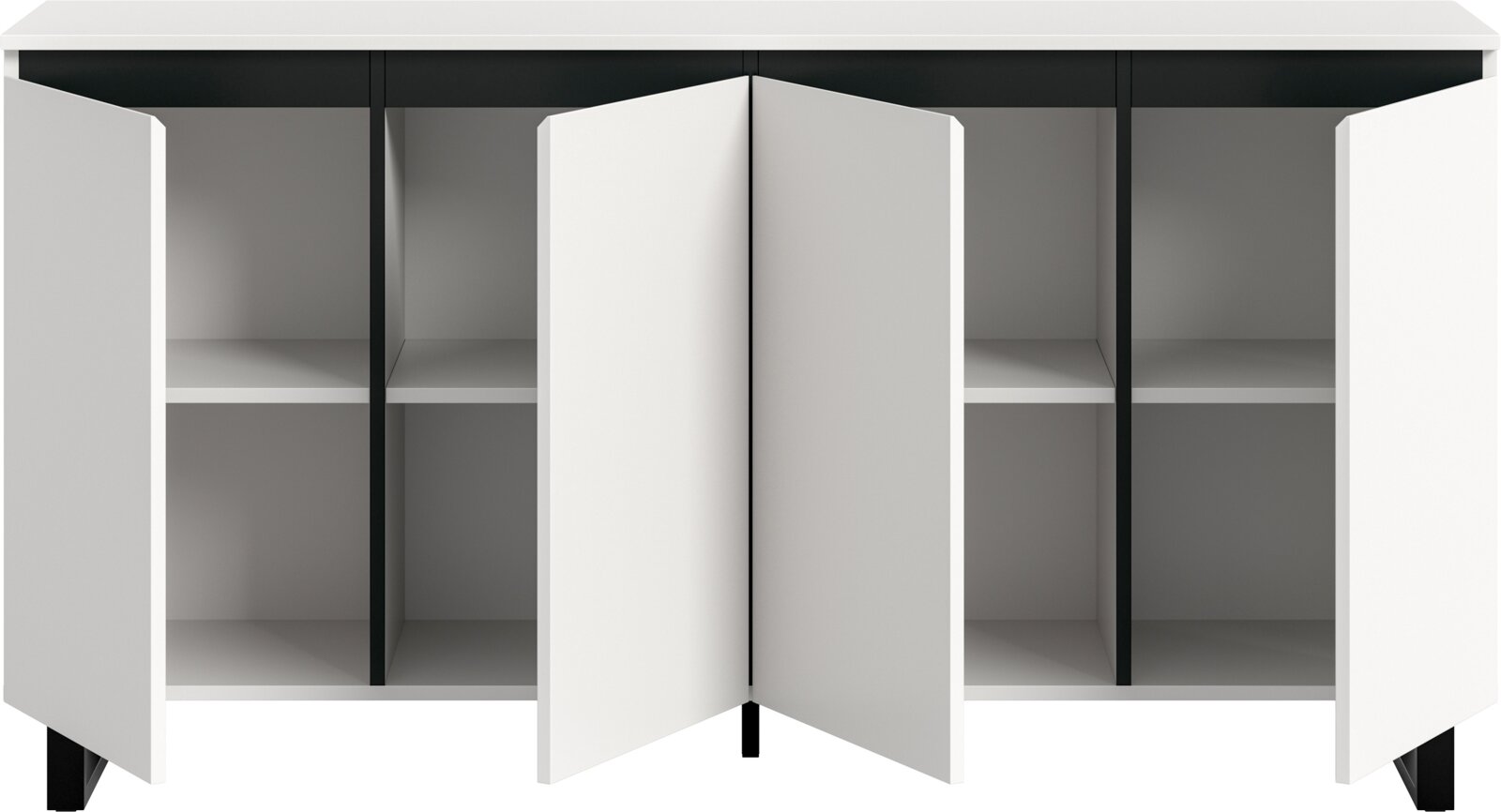 Weißes Sideboard mit offenen Türen, zeigt Innenfächer, frontale Ansicht