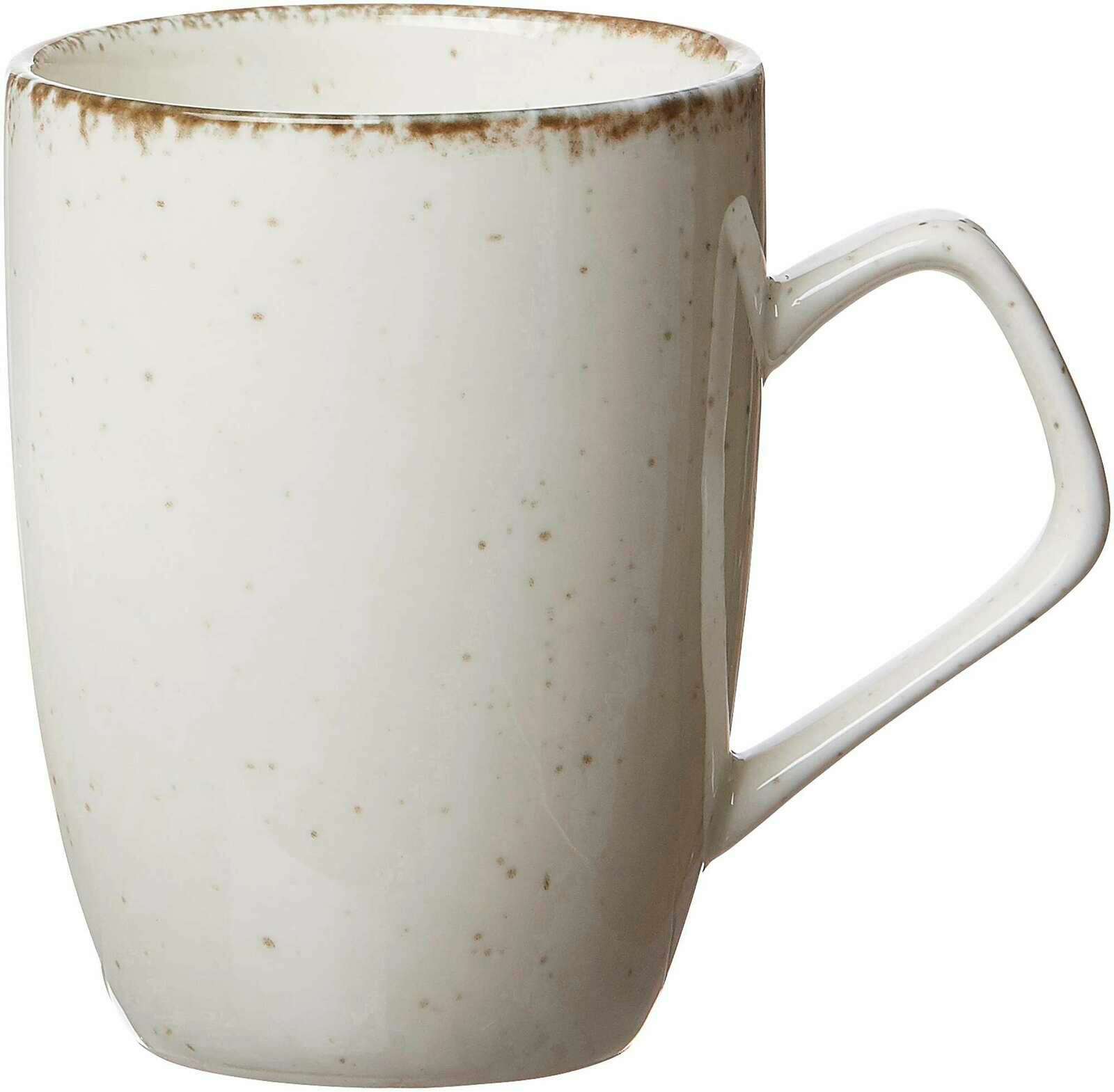 Beiger Kaffeebecher Casa mit gesprenkeltem Design, seitliche Perspektive