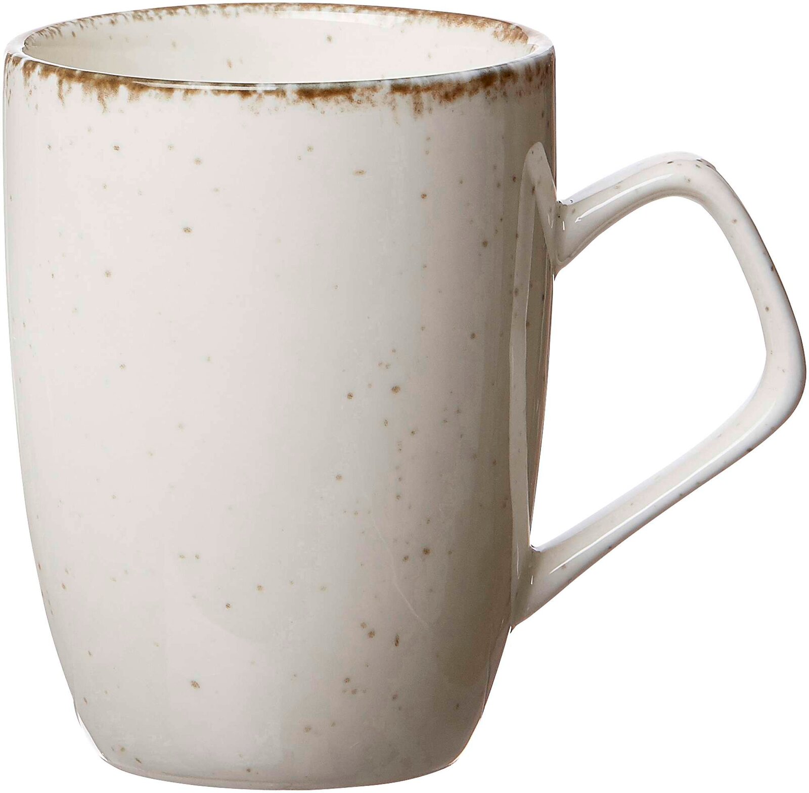 Beiger Kaffeebecher Casa mit gesprenkeltem Design, seitliche Perspektive