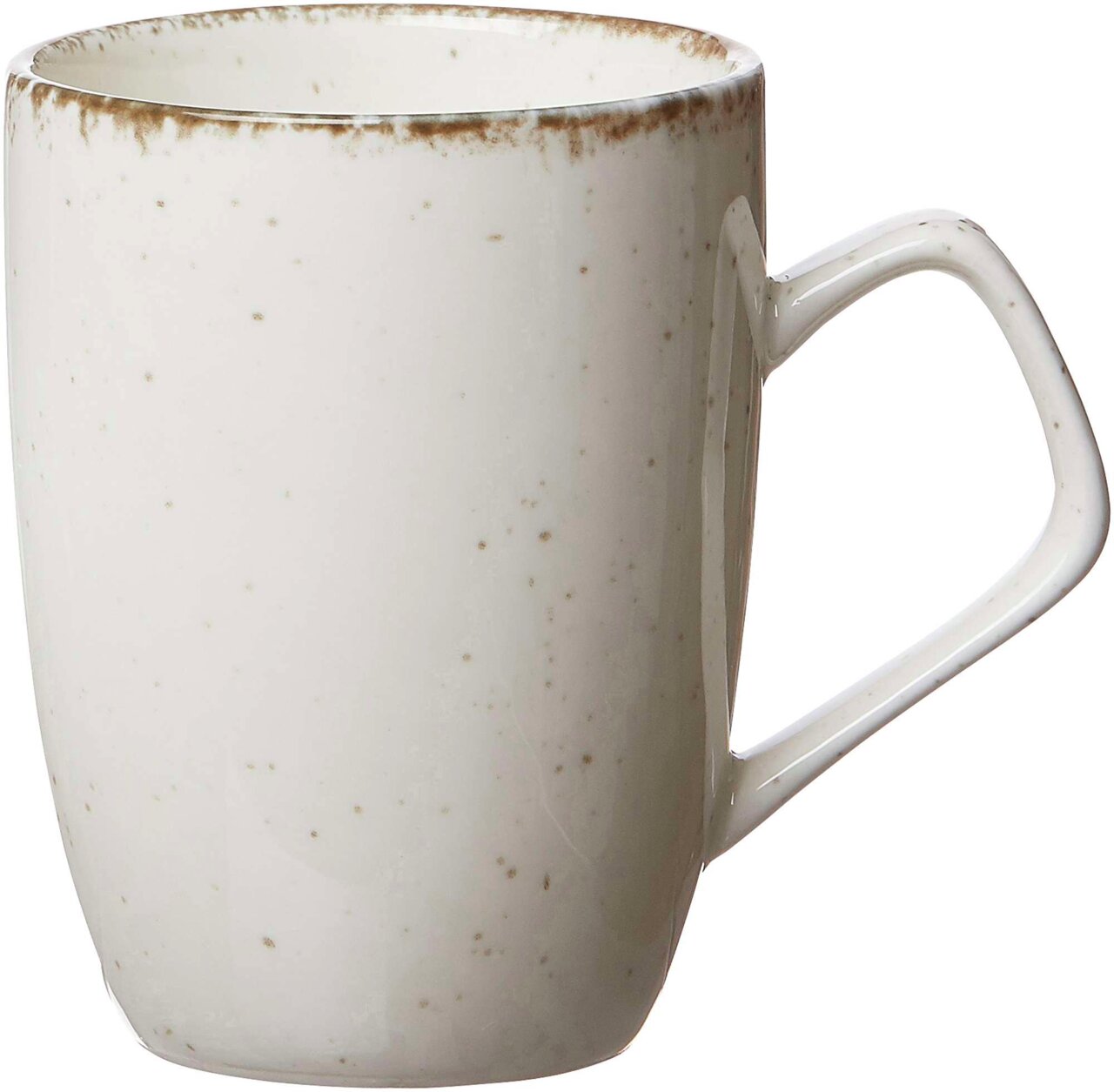 Beiger Kaffeebecher Casa mit gesprenkeltem Design, seitliche Perspektive