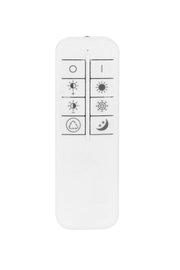 Witte afstandsbediening met pictogramknoppen (aan/uit, helderheid, zon, sneeuwvlok en nachtmodus), frontale vooraanzicht op witte achtergrond