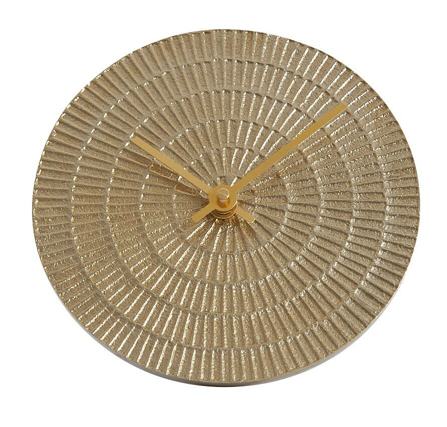 Runde Wanduhr in hellgoldener Farbe mit strukturiertem Zifferblatt und goldenen Zeigern, Ansicht von oben