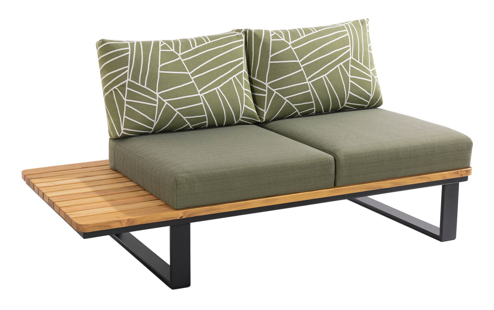 2-Sitzer-Lounge mit grünem Kissenbezug und modernem Holz- und Metallrahmen, seitliche Perspektive