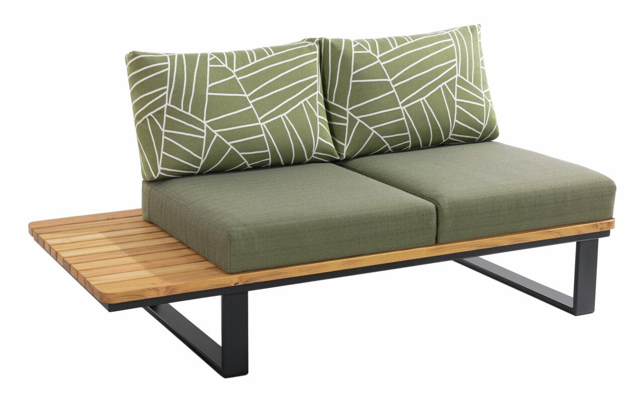 2-Sitzer-Lounge mit grünem Kissenbezug und modernem Holz- und Metallrahmen, seitliche Perspektive