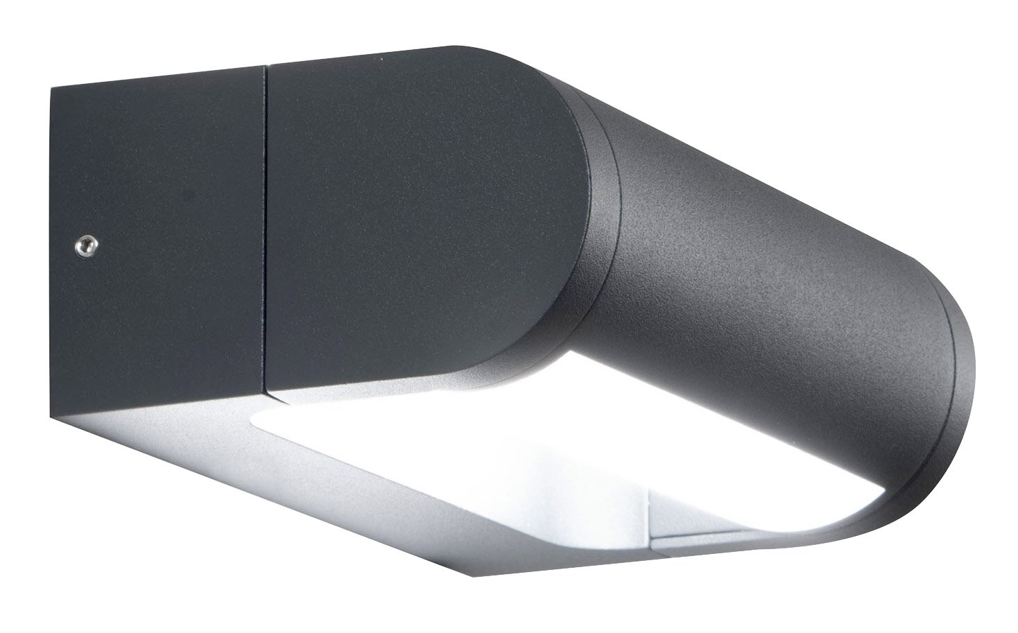 LED-buitenwandlamp in zijaanzicht, modern ontwerp in donkergrijs