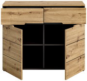 Kommode aus Holz mit zwei offenen Schubladen und zwei offenen Türen, die vier Fächer zeigen, frontale Perspektive