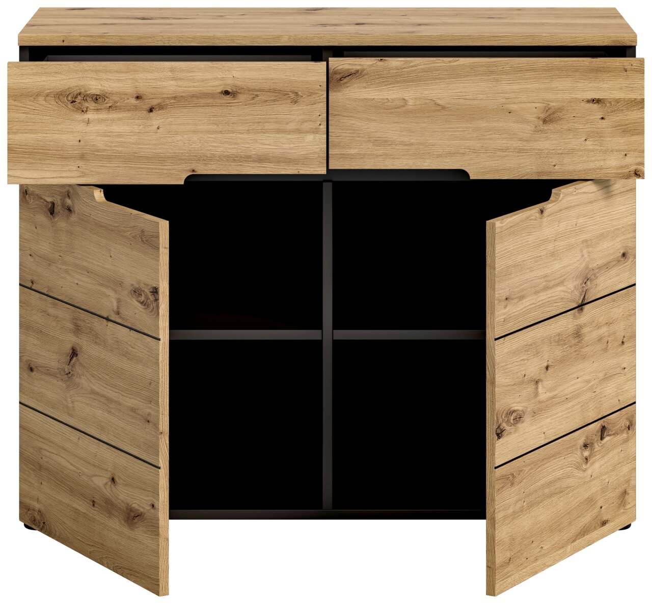 Kommode aus Holz mit zwei offenen Schubladen und zwei offenen Türen, die vier Fächer zeigen, frontale Perspektive