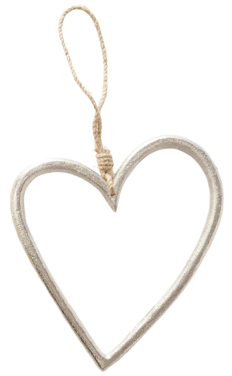 Silberner herzförmiger Dekoanhänger mit Kordel, Frontalansicht