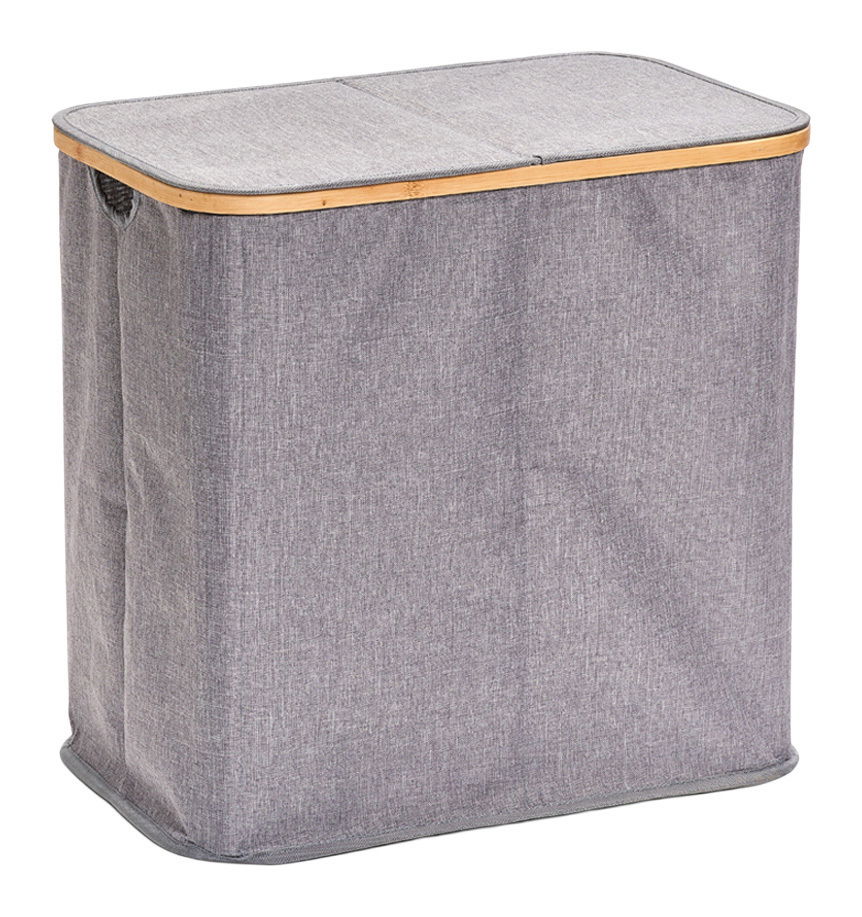 Zeller Present Wäschesammler 2-fach Grauer Wäschesammler mit zwei Fächern, rechteckige Form, seitliche Griffe, aus Stoff mit Bambusrahmen, Perspektive von vorne links