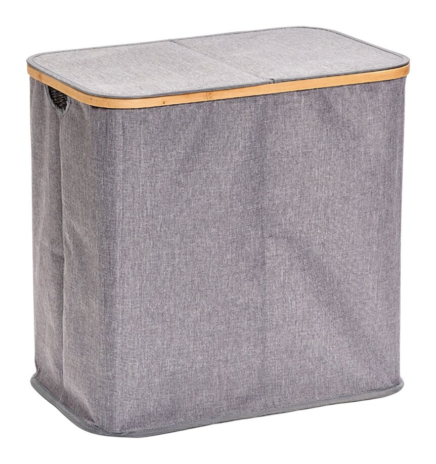 Grauer Wäschesammler mit zwei Fächern, rechteckige Form, seitliche Griffe, aus Stoff mit Bambusrahmen, Perspektive von vorne links