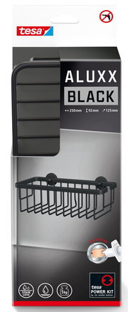 Schwarzer Duschkorb von tesa ALUXX in der Verpackung, Vorderansicht, mit Maßen 250mm x 92mm x 125mm, inklusive tesa Power.Kit für einfache Montage ohne Bohren.