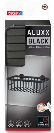 Schwarzer Duschkorb von tesa ALUXX in der Verpackung, Vorderansicht, mit Maßen 250mm x 92mm x 125mm, inklusive tesa Power.Kit für einfache Montage ohne Bohren.