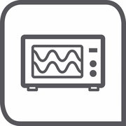Symbol eines Mikrowellenofens mit Wellenlinien, die die Mikrowellenfunktion darstellen, in einer frontalen Ansicht.