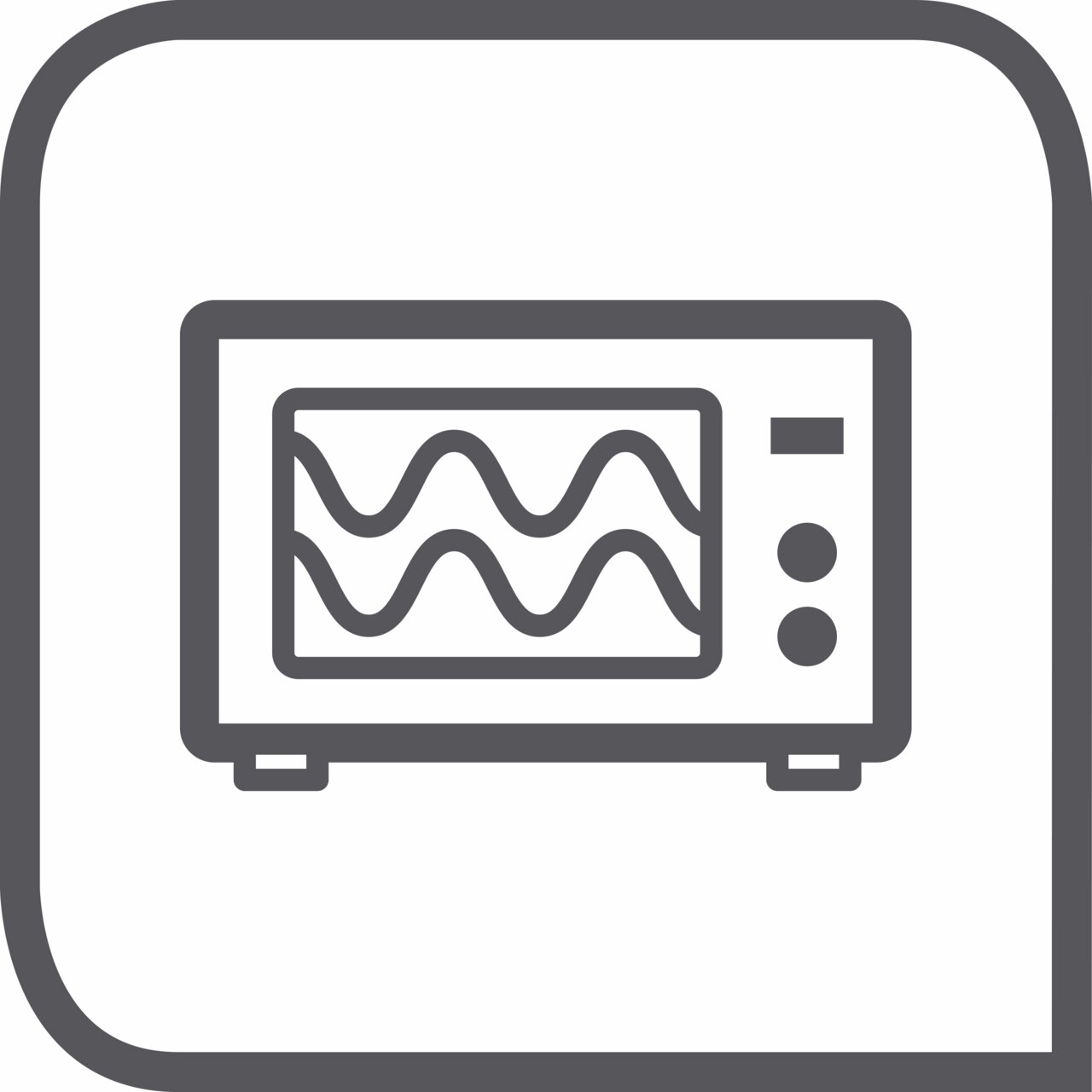 Symbol eines Mikrowellenofens mit Wellenlinien, die die Mikrowellenfunktion darstellen, in einer frontalen Ansicht.