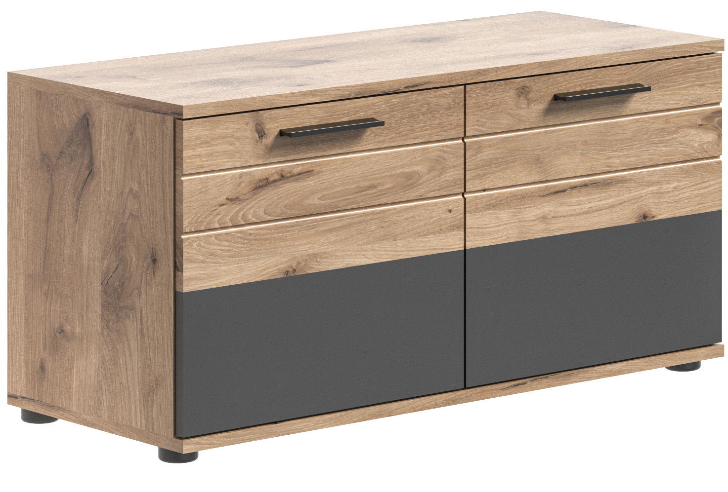 Holz-Sitzbank mit zwei Schubladen und zwei Türen, seitliche Perspektive