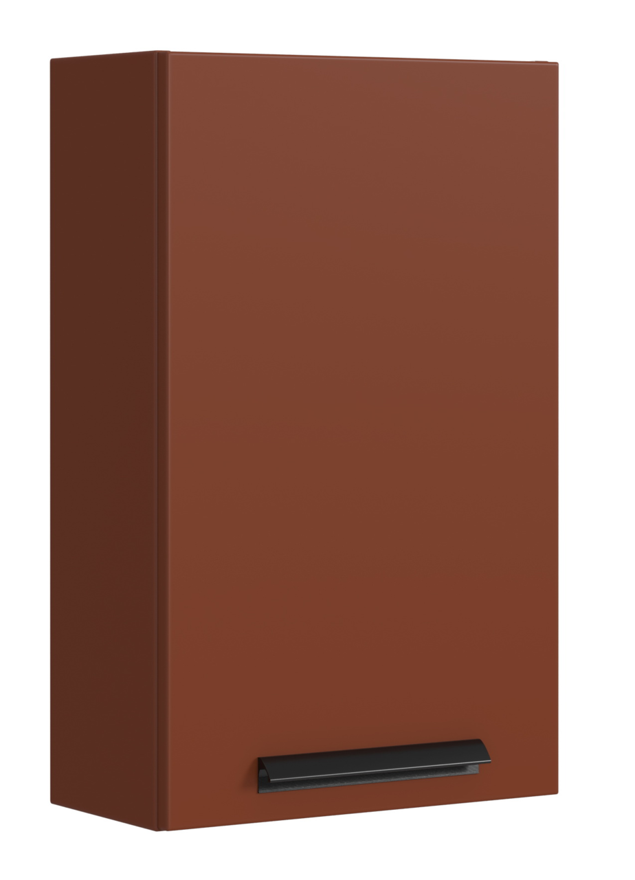 Moderner Hängeschrank in Rostbraun mit schwarzem Griff, seitliche Perspektive